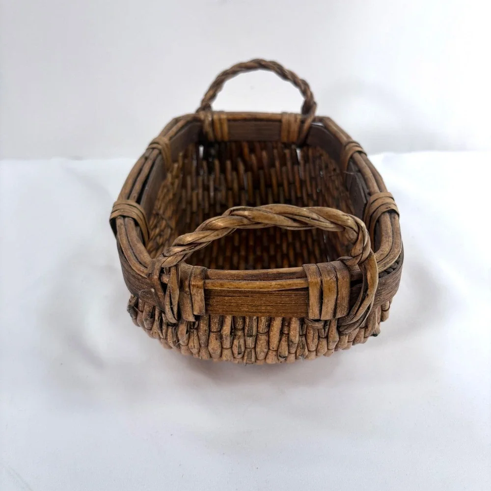Vintage Chinese Woven Willow Basket Brown Woven Handles Wabi-Sabi